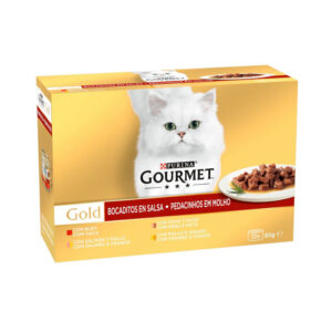 GOURMET GOLD BOCADITOS EN SALSA PACK BUEY, PAVO-PATO, SALMÓN-POLLO Y POLLO-HÍGADO 12x85g