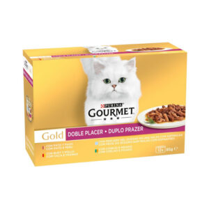 GOURMET GOLD DOBLE PLACER PACK BUEY-POLLO, PATO-PAVO, PESCADO DEL OCÉANO, CONEJO-HÍGADO 12x85g