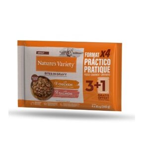 NATURE’S VARIETY CAT BOCADITOS EN SALSA FLOWPACK 2 CON POLLO Y 2 CON SALMÓN 85g (11uds./caja)