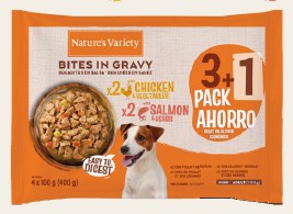 NATURE'S VARIETY DOG BOCADITOS EN SALSA FLOW PACK MINI 2 CON POLLO Y 2 CON SALMÓN 100g (11 uds./caja)